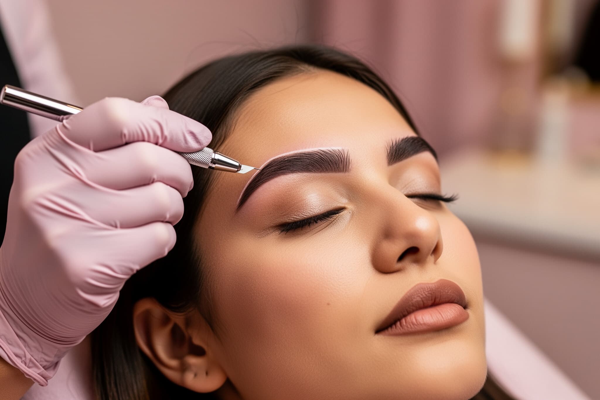 Aplicación de microblading en cabina de cejas